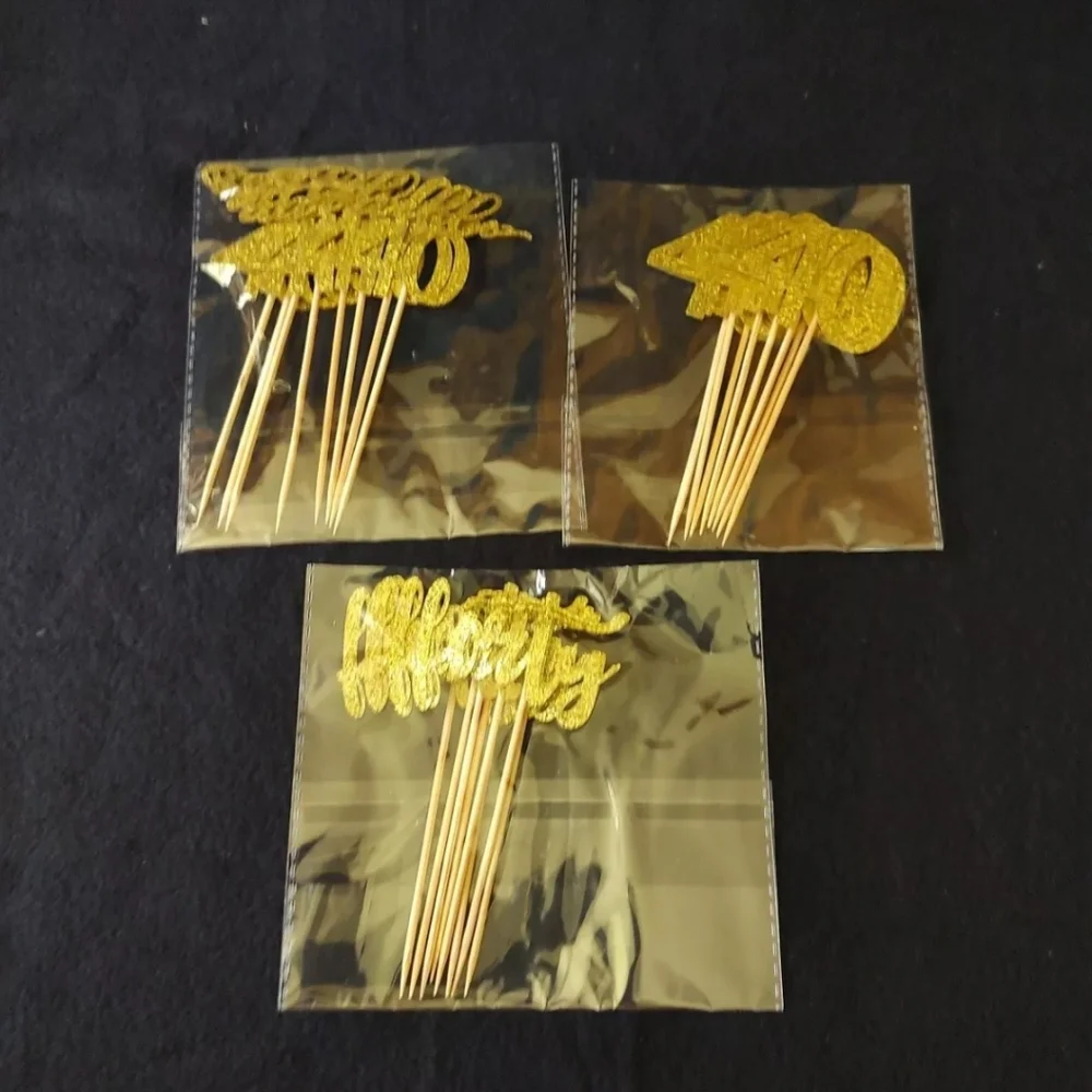 Happy Birthday, 40th Theme, Gold Glitter, 3 Designs, 24 Pack, Cupcake Toppers